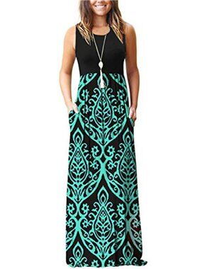 Sleeveless Floral Maxi Dress with Pockets 90% Polyester 10% Spandex